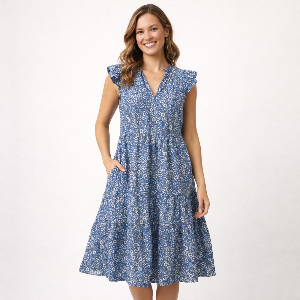 J. Crew Floral Blue Dress Short flutter sleeves and tiered skirt. Women’s Small